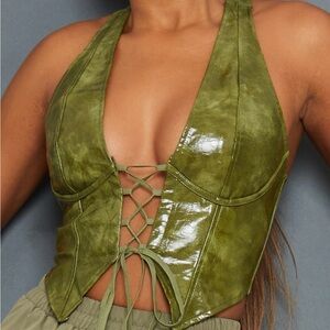 Green Faux Leather Lace Up Plunge Corset Halterneck Top